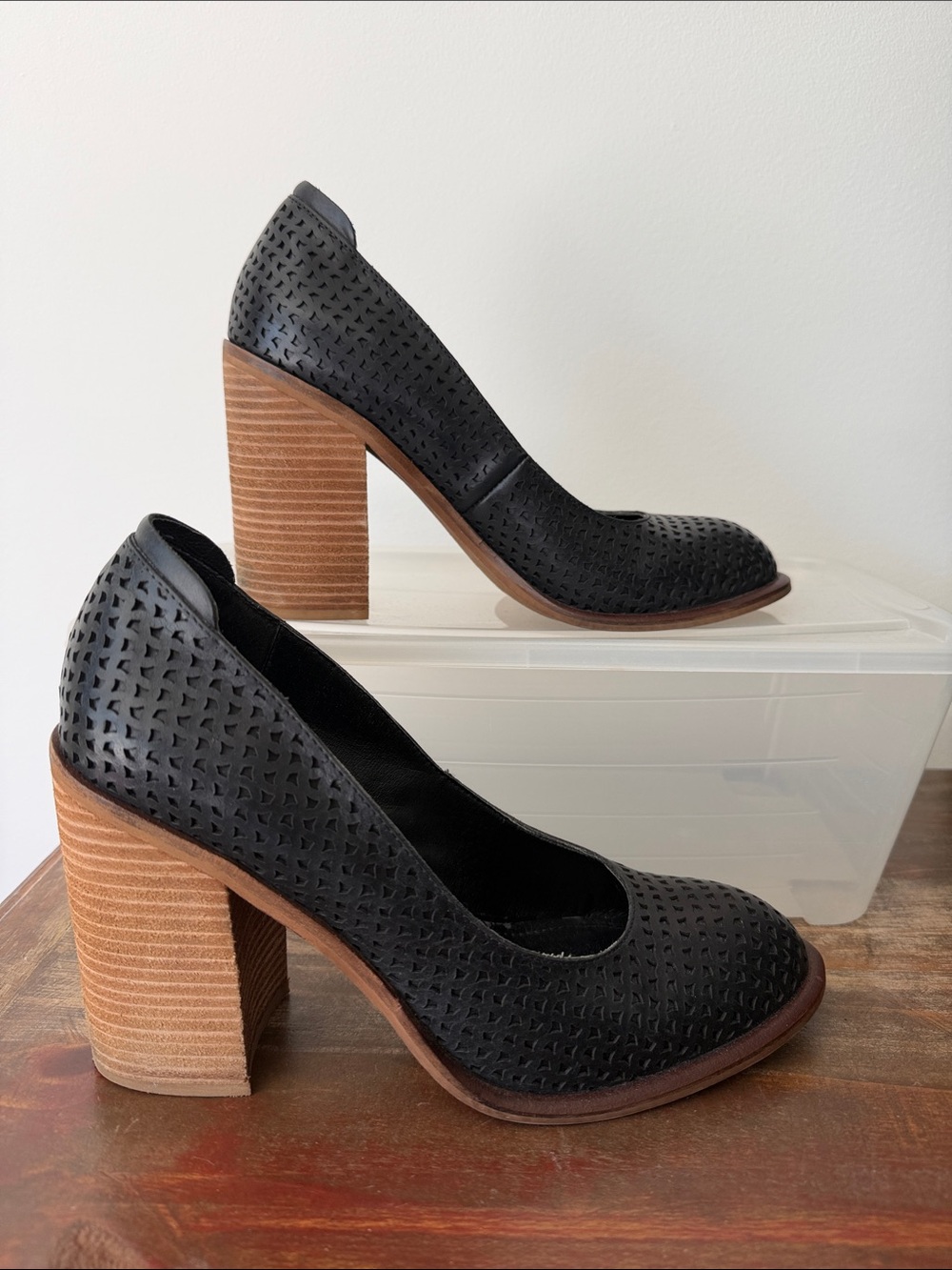 KELSI DAGGER BROOKLYN Hall Pump Laser Cut Black Leather Stacked Heel - Size 9